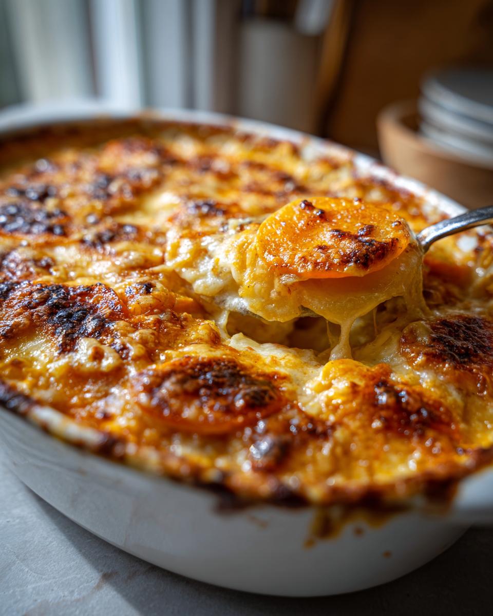 A spoonful lifting a slice of golden root vegetable gratin, showing melted cheese and tender root vegetables.