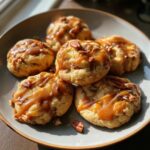 A close-up of several Salted Caramel Apple Pie Cookies drizzled with caramel and topped with pecans on a plate.
