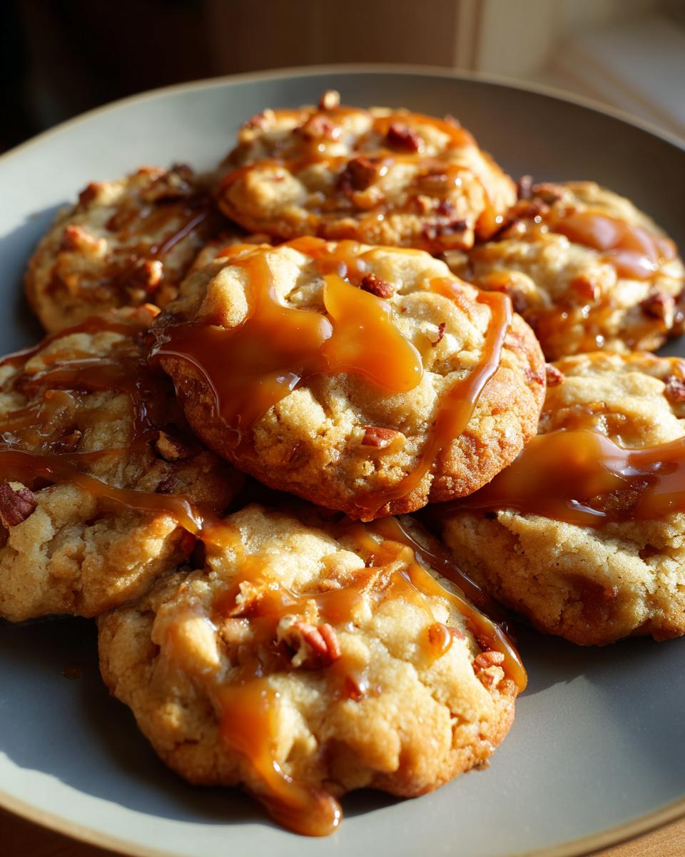 A close-up of a stack of Salted Caramel Apple Pie Cookies drizzled with caramel sauce and topped with chopped nuts.
