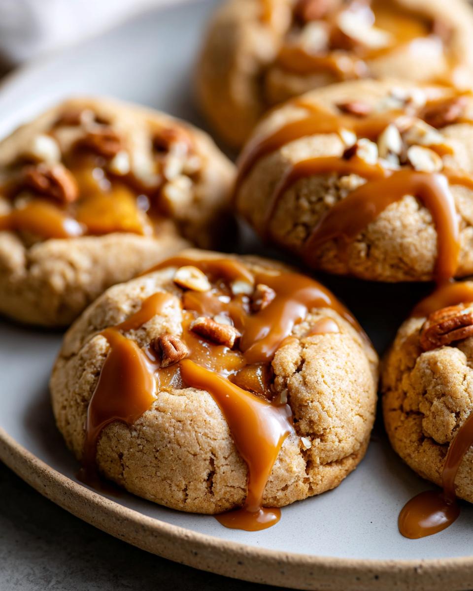 Close-up of several Salted Caramel Apple Pie Cookies drizzled with caramel and topped with pecans.