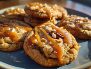 Close-up of delicious salted caramel apple pie cookies drizzled with caramel and sprinkled with sea salt and nuts.