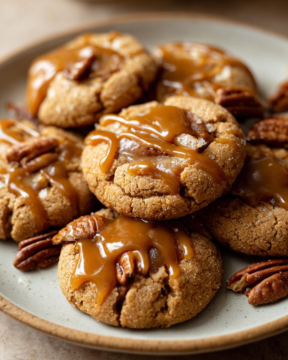 A close-up of delicious salted caramel apple pie cookies topped with caramel drizzle and pecans.