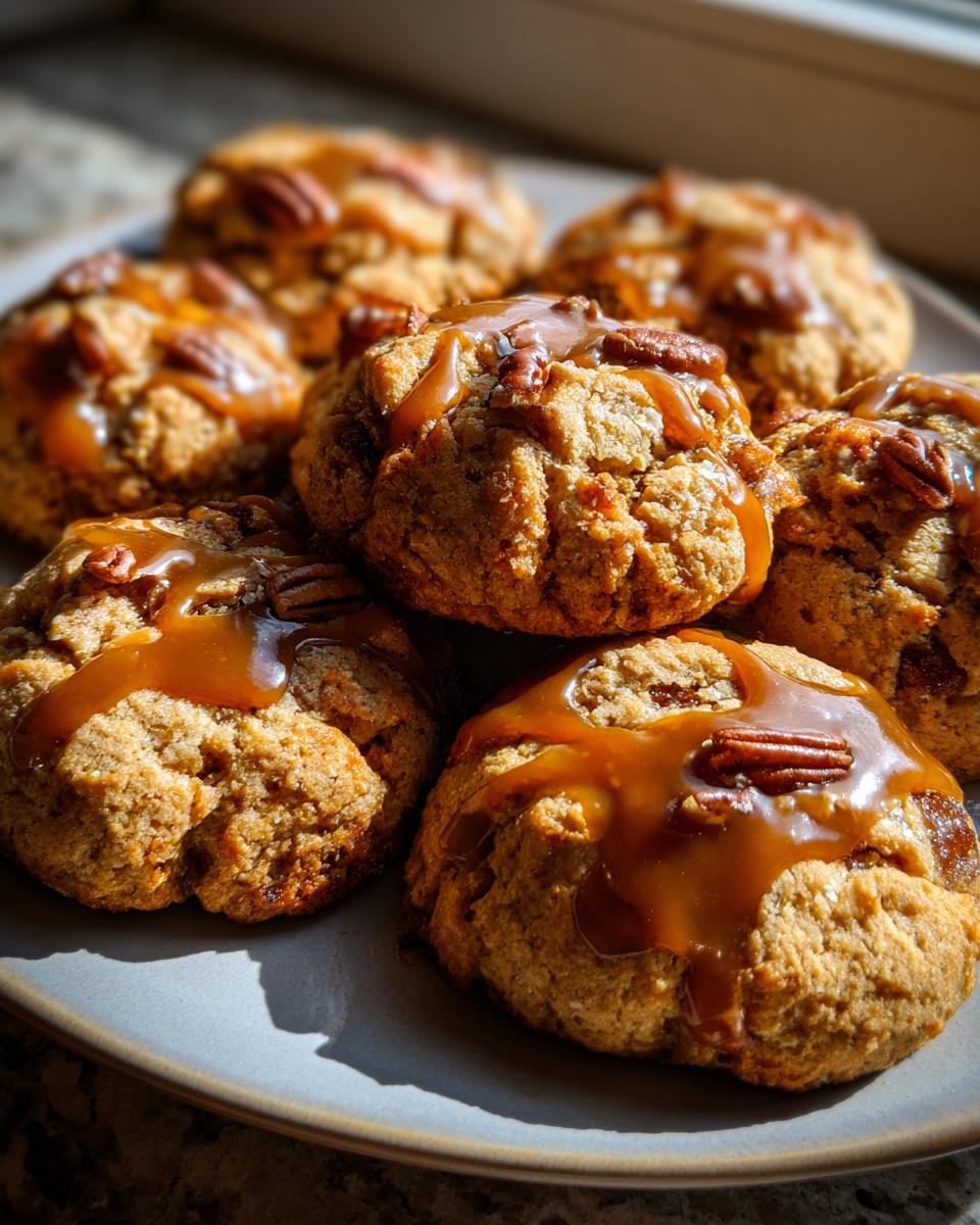 Close-up of freshly baked Salted Caramel Apple Pie Cookies drizzled with caramel and topped with pecans.
