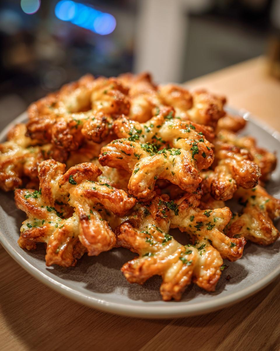 A close-up of a pile of golden-brown savory churros, topped with melted cheese and fresh parsley.