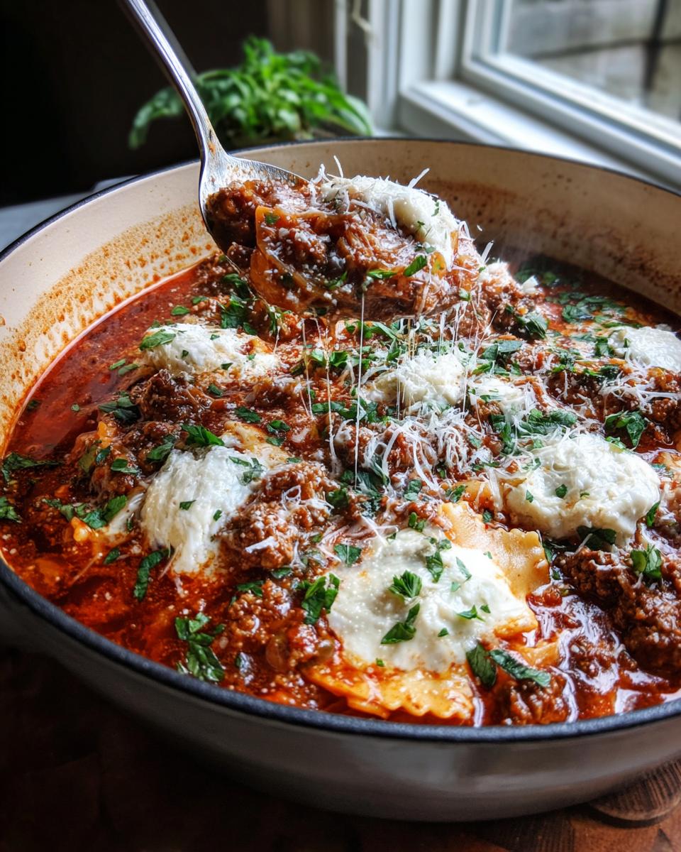 A spoonful of rich, meaty lasagna soup topped with dollops of ricotta and grated Parmesan cheese being lifted from the pot.