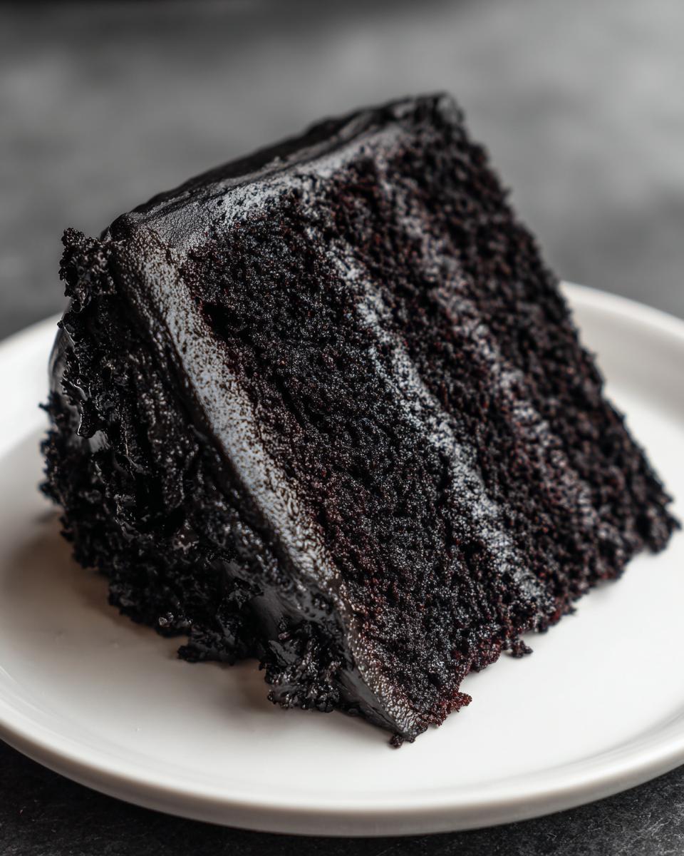 Close-up of a moist slice of black velvet halloween cake with dark chocolate frosting.