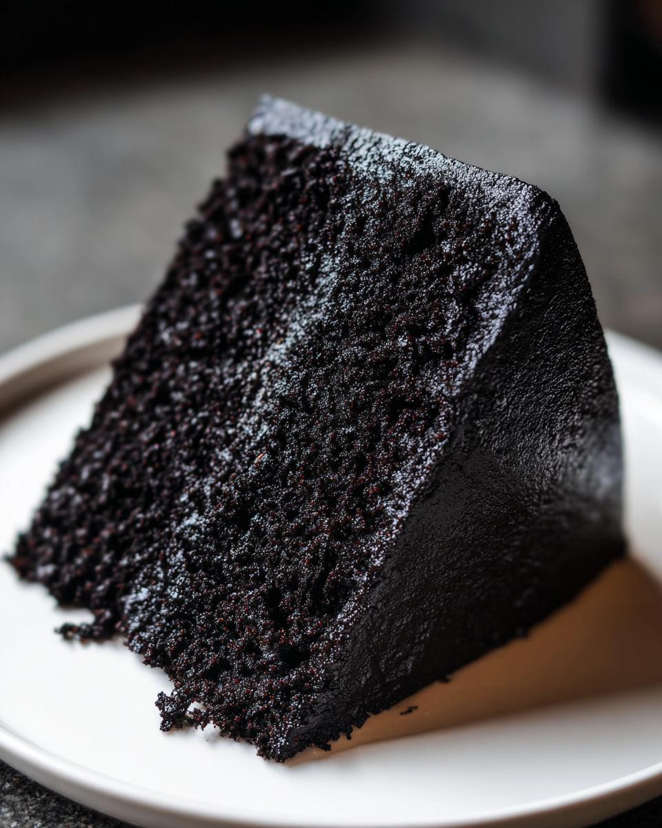 Close-up of a moist, dark slice of black velvet halloween cake on a white plate.