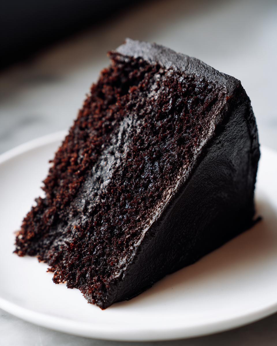 Close-up of a moist slice of black velvet halloween cake with dark chocolate frosting on a white plate.