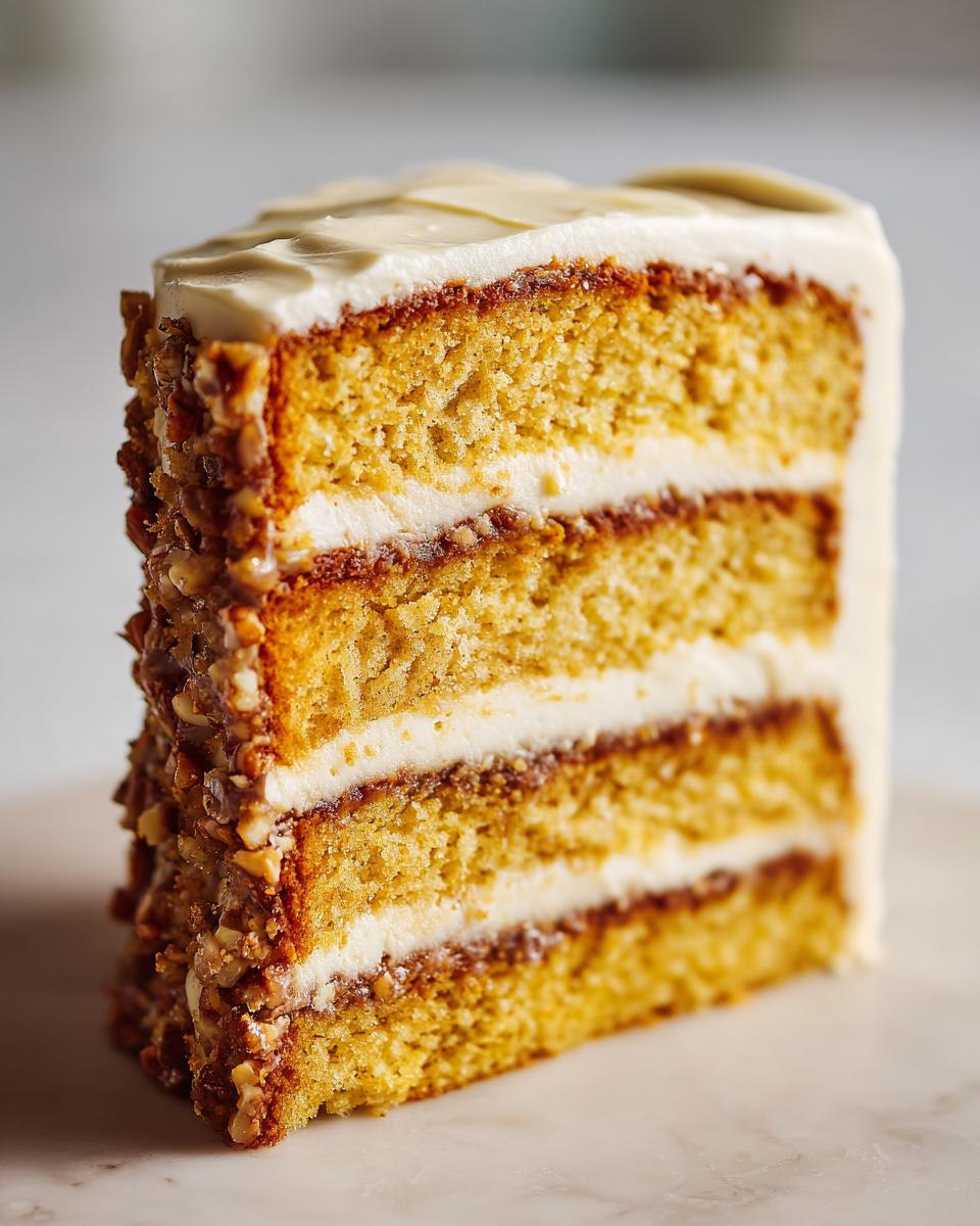 Close-up of a tall slice of Christmas toffee crunch cake showing three layers of golden cake, white frosting, and crunchy toffee nuts on the side.