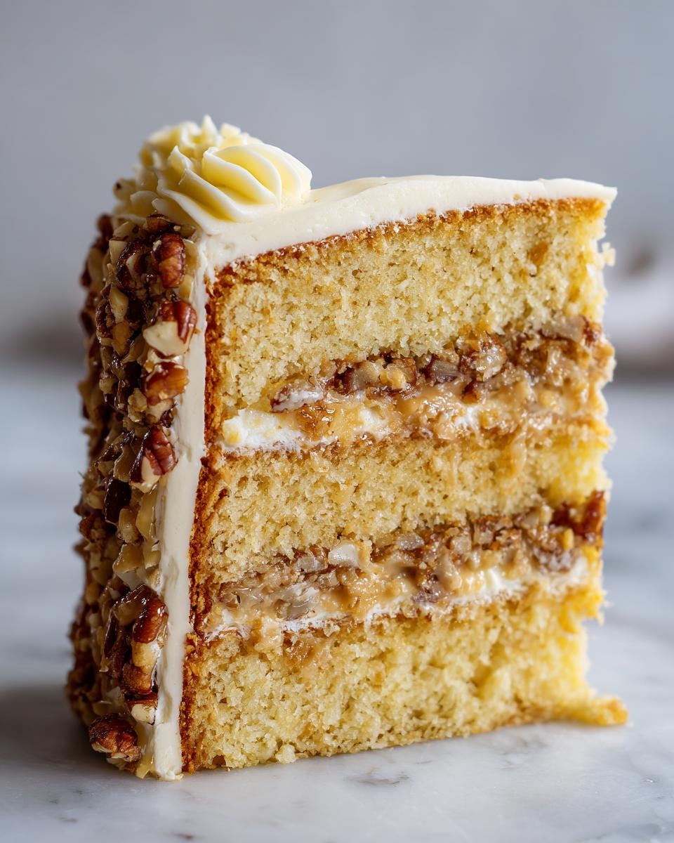 Close-up of a decadent slice of Christmas toffee crunch cake showing three layers of cake, toffee filling, and white frosting.