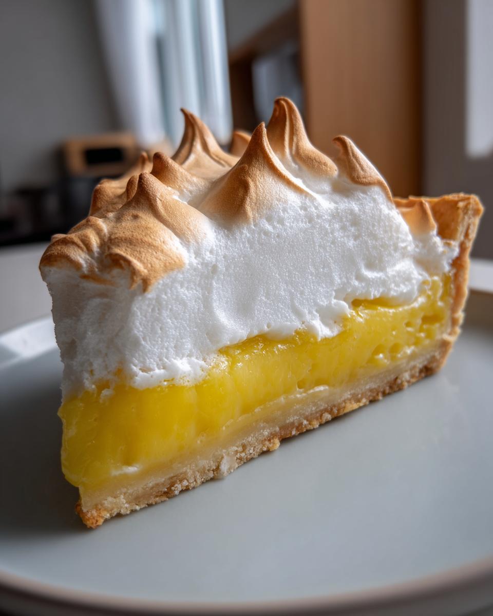 A close-up slice of lemon meringue pie showing a thick layer of bright yellow curd and tall, perfectly toasted meringue peaks.