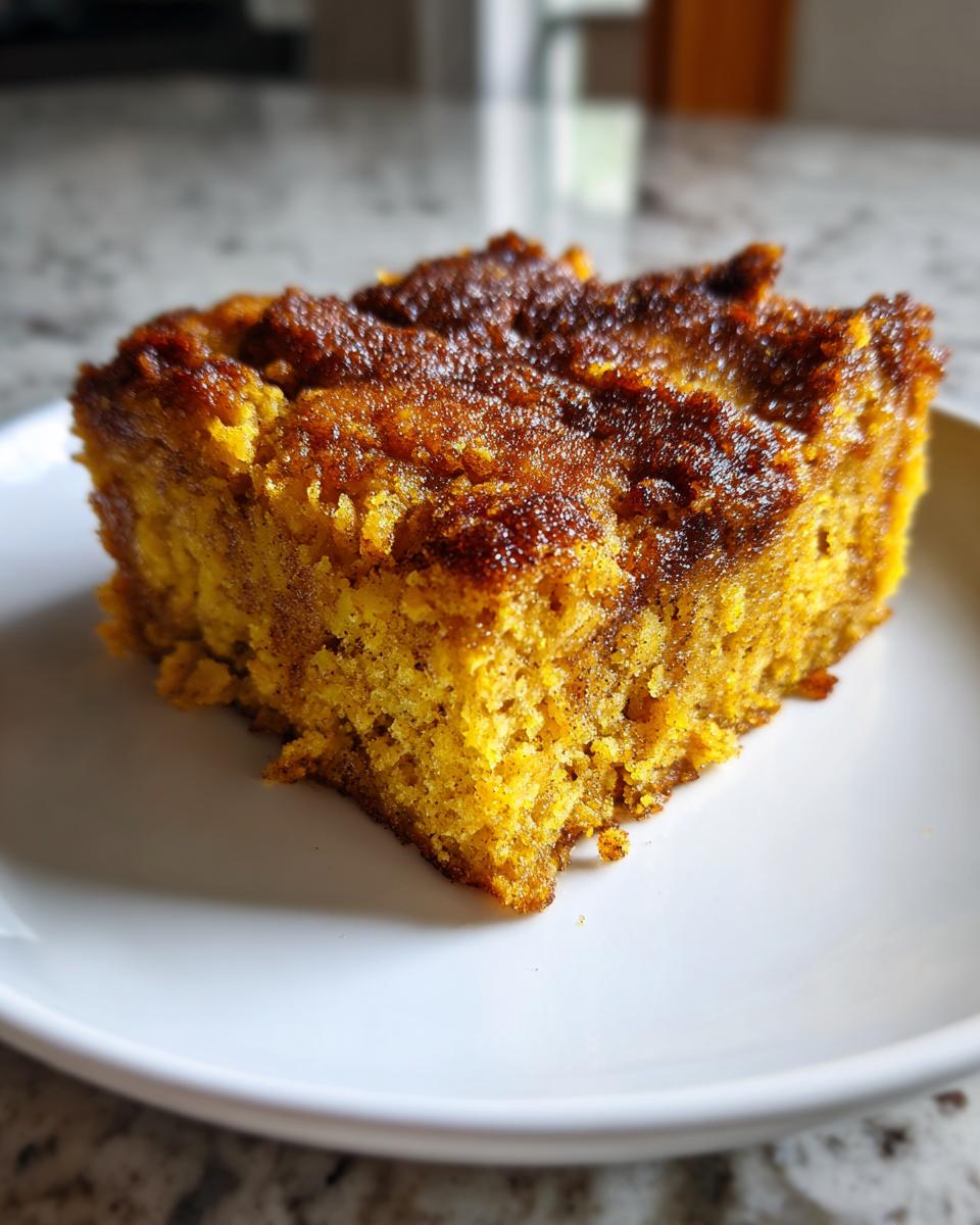 A close-up of a square slice of rich, orange pumpkin dump cake with a dark, caramelized top crust.