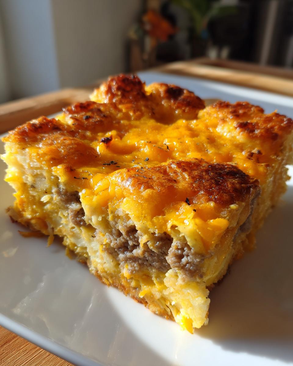 Close-up of a hearty slice of tater tot breakfast casserole featuring layers of sausage, egg, and melted cheddar cheese.