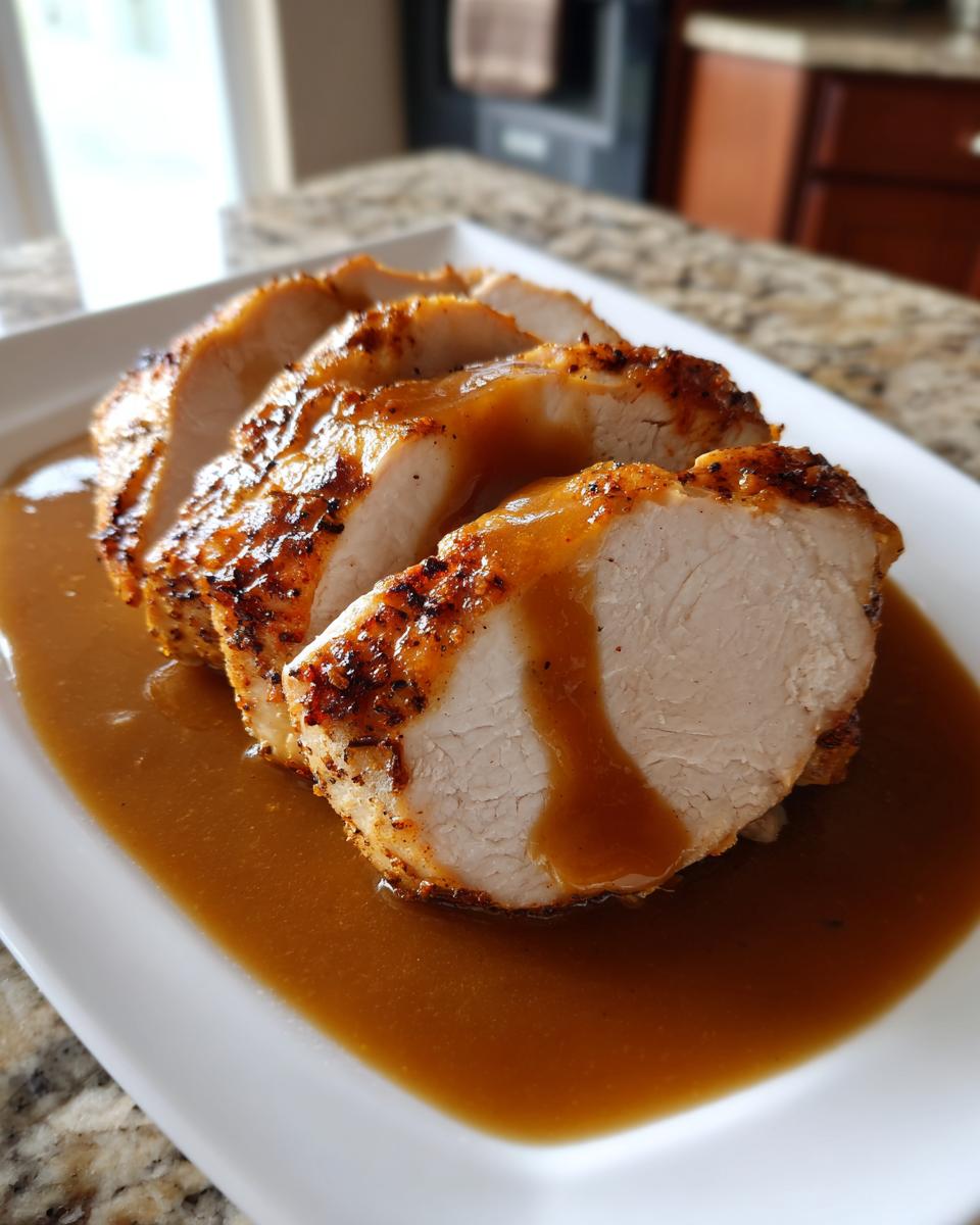 Four thick slices of juicy crockpot turkey breast, seasoned and covered in brown gravy, served on a white platter.