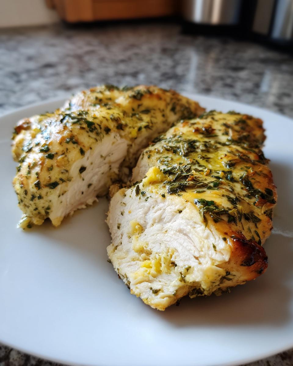 Close-up of sliced, moist greek chicken breast coated in yellow marinade and green herbs, served on a white plate.