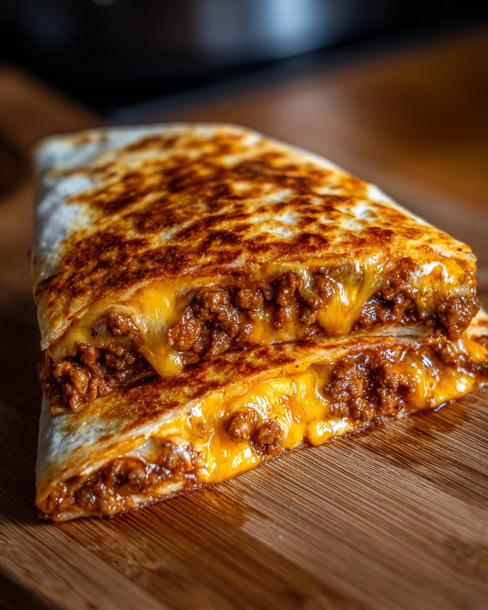 Close-up of a delicious sloppy joe grilled burrito, cut in half, showing the savory filling and melted cheese.