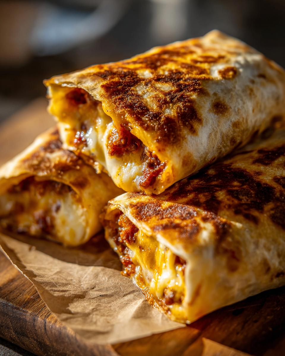 Close-up of three delicious sloppy joe grilled burritos stacked, showing gooey melted cheese and savory filling.