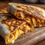 Close-up of two delicious sloppy joe grilled burritos, stuffed with seasoned meat and melted cheese, on a wooden board.