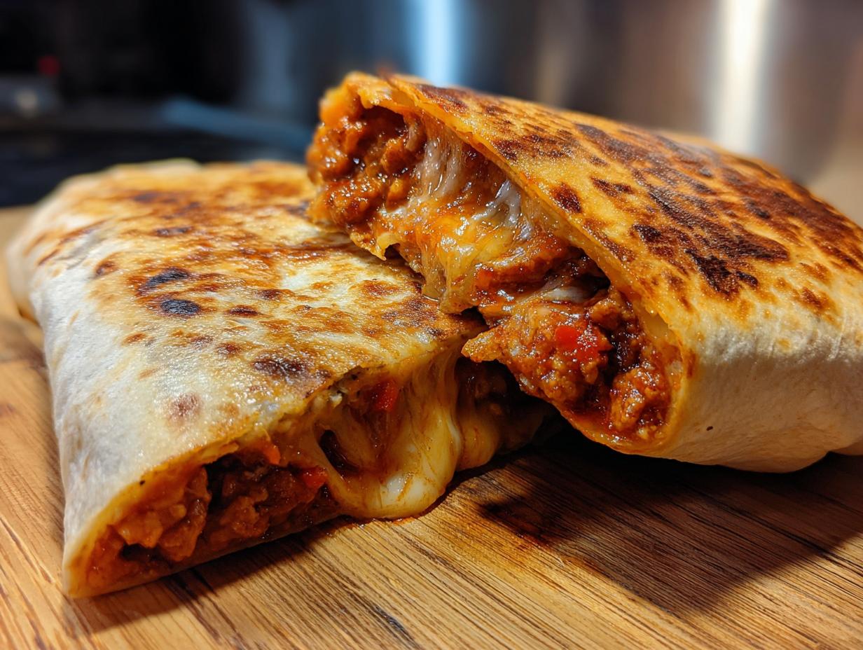 Close-up of two halves of a sloppy joe grilled burrito, revealing a cheesy, meaty filling.