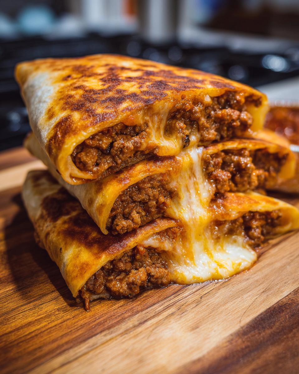Close-up of stacked sloppy joe grilled burritos, showing gooey melted cheese oozing out.