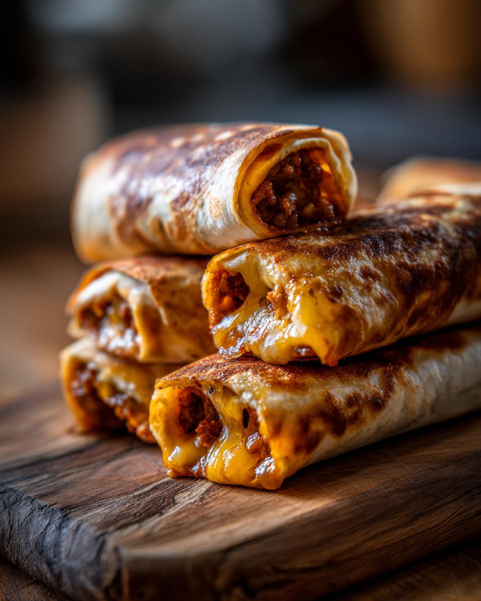A stack of delicious sloppy joe grilled burritos with melted cheese oozing out, served on a wooden cutting board.