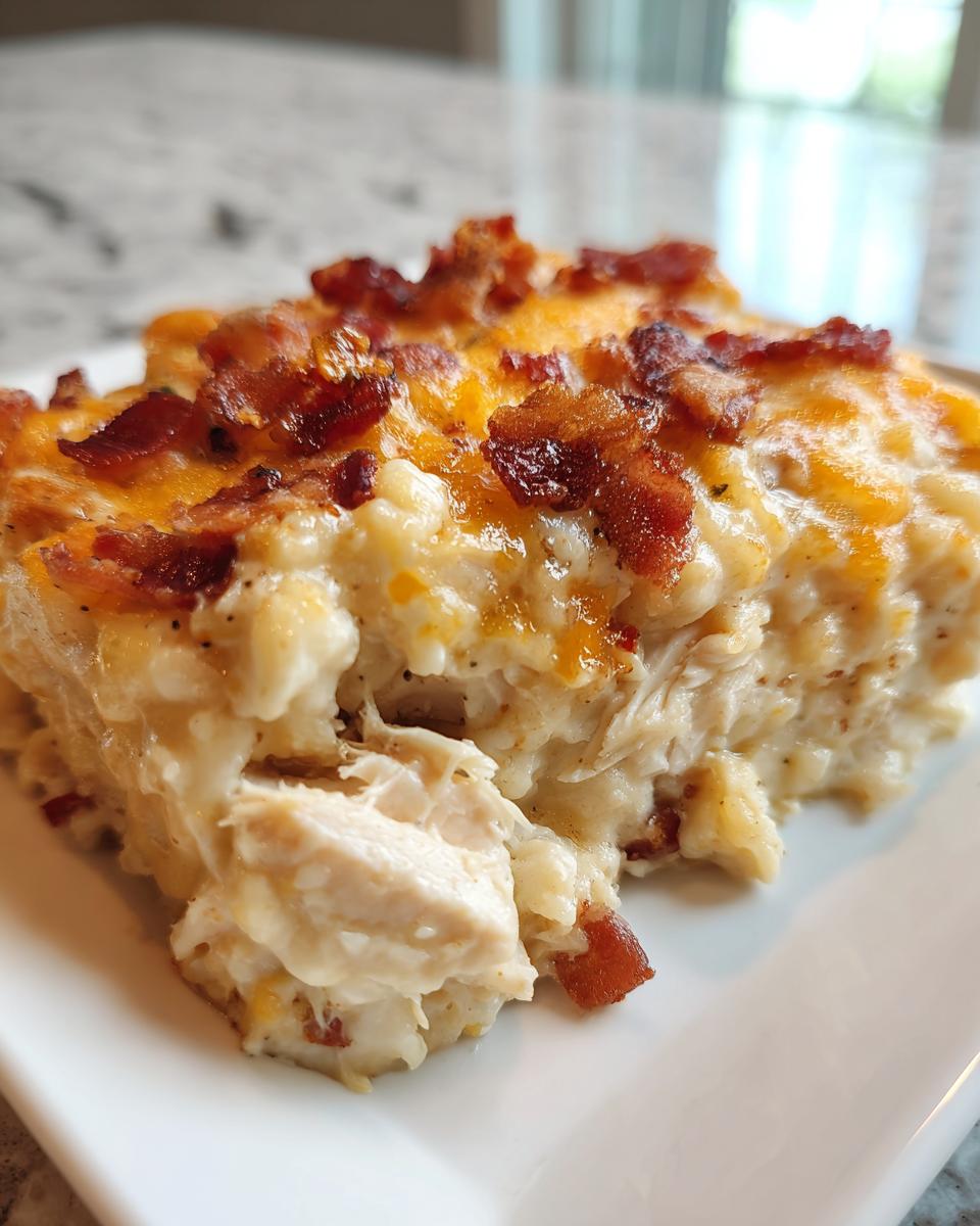 Close-up of a creamy serving of slow cooker chicken bacon ranch casserole topped with melted cheese and crispy bacon bits.
