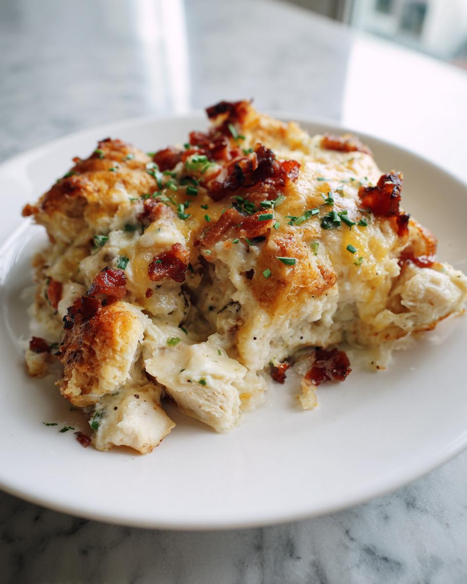 A serving of creamy slow cooker chicken bacon ranch casserole topped with melted cheese and crispy bacon bits.