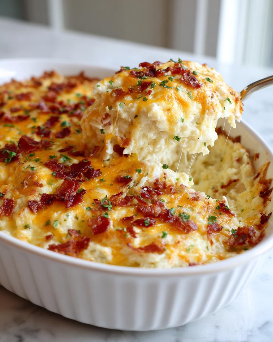 A spoonful of creamy slow cooker chicken bacon ranch casserole being lifted from a white dish, topped with melted cheese and bacon.