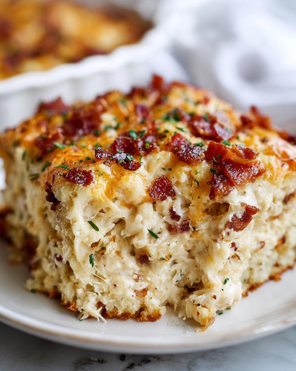 Close-up of a creamy slice of slow cooker chicken bacon ranch casserole topped with melted cheese and crispy bacon bits.
