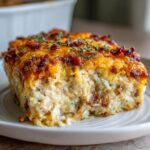 A hearty slice of slow cooker chicken bacon ranch casserole with a cheesy, browned top garnished with thyme.