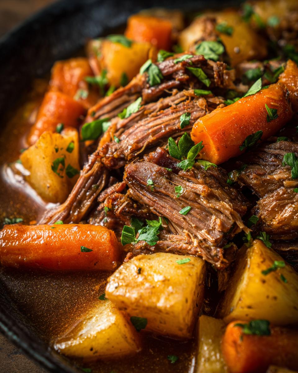Close-up of a hearty slow cooker pot roast with tender shredded beef, chunks of carrots, and potatoes in a rich gravy, garnished with parsley.