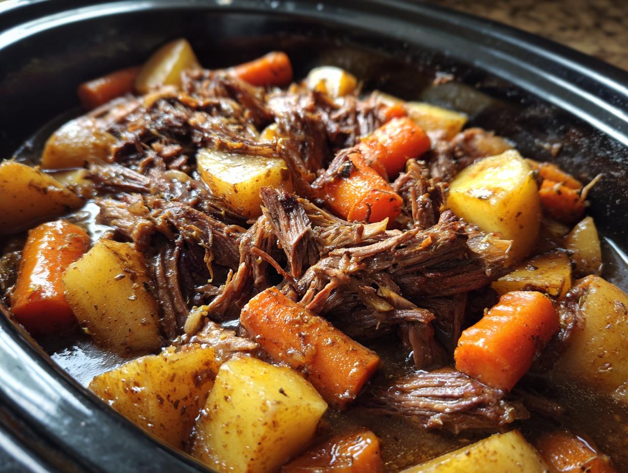 Close-up of a slow cooker pot roast with shredded beef, tender carrots, and chunks of potatoes in savory gravy.