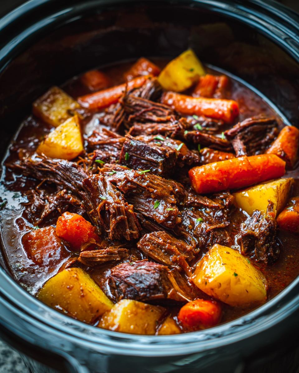 Close-up of a slow cooker pot roast with tender shredded beef, carrots, and potatoes in a rich gravy.