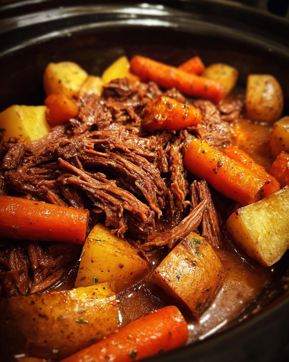 Close-up of shredded slow cooker pot roast with chunks of carrots and potatoes in rich gravy.