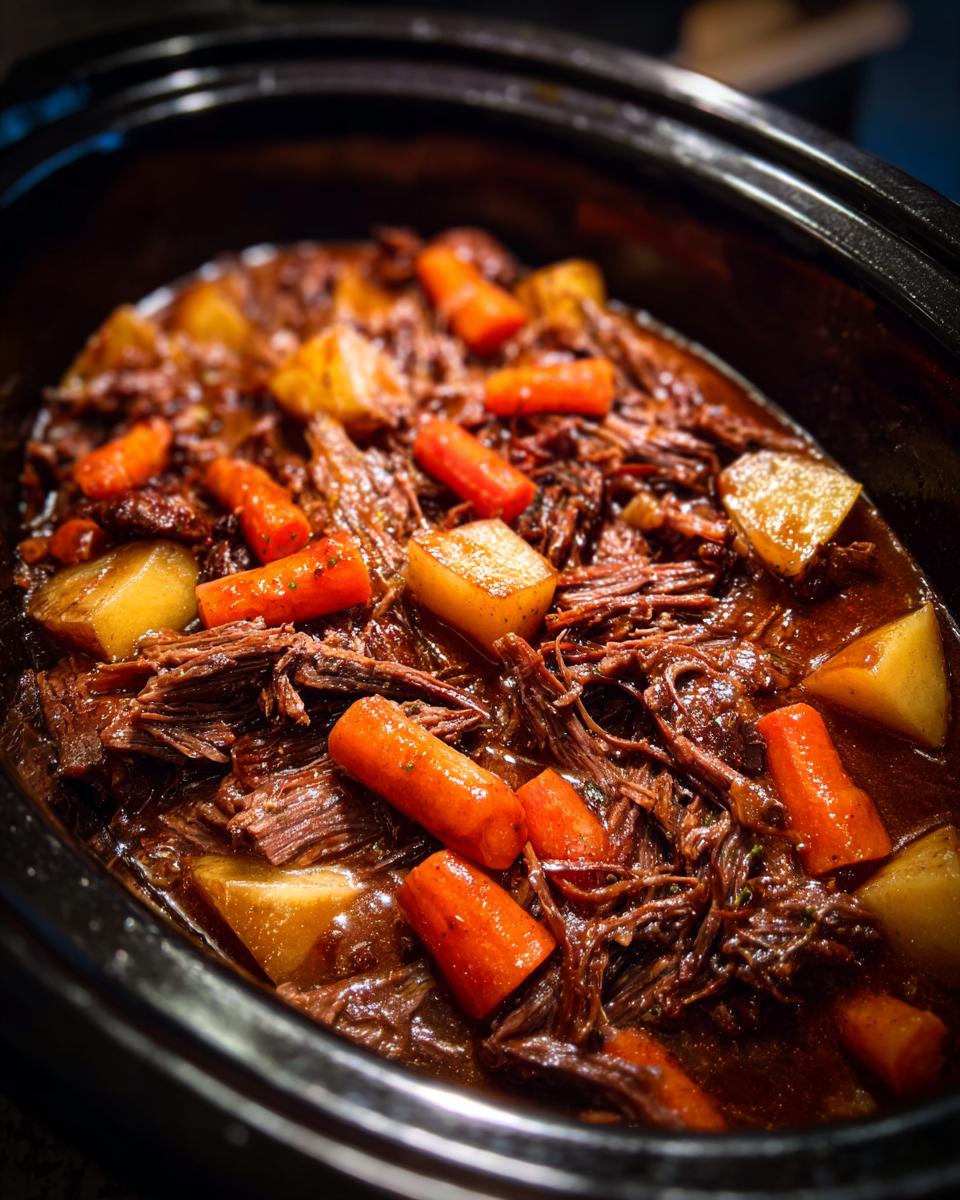 Close-up of a slow cooker pot roast with shredded beef, tender carrots, and chunks of potatoes in rich gravy.