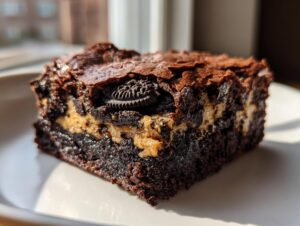 A close-up of a decadent slutty brownie featuring layers of chocolate, peanut butter, and Oreos on a white plate.