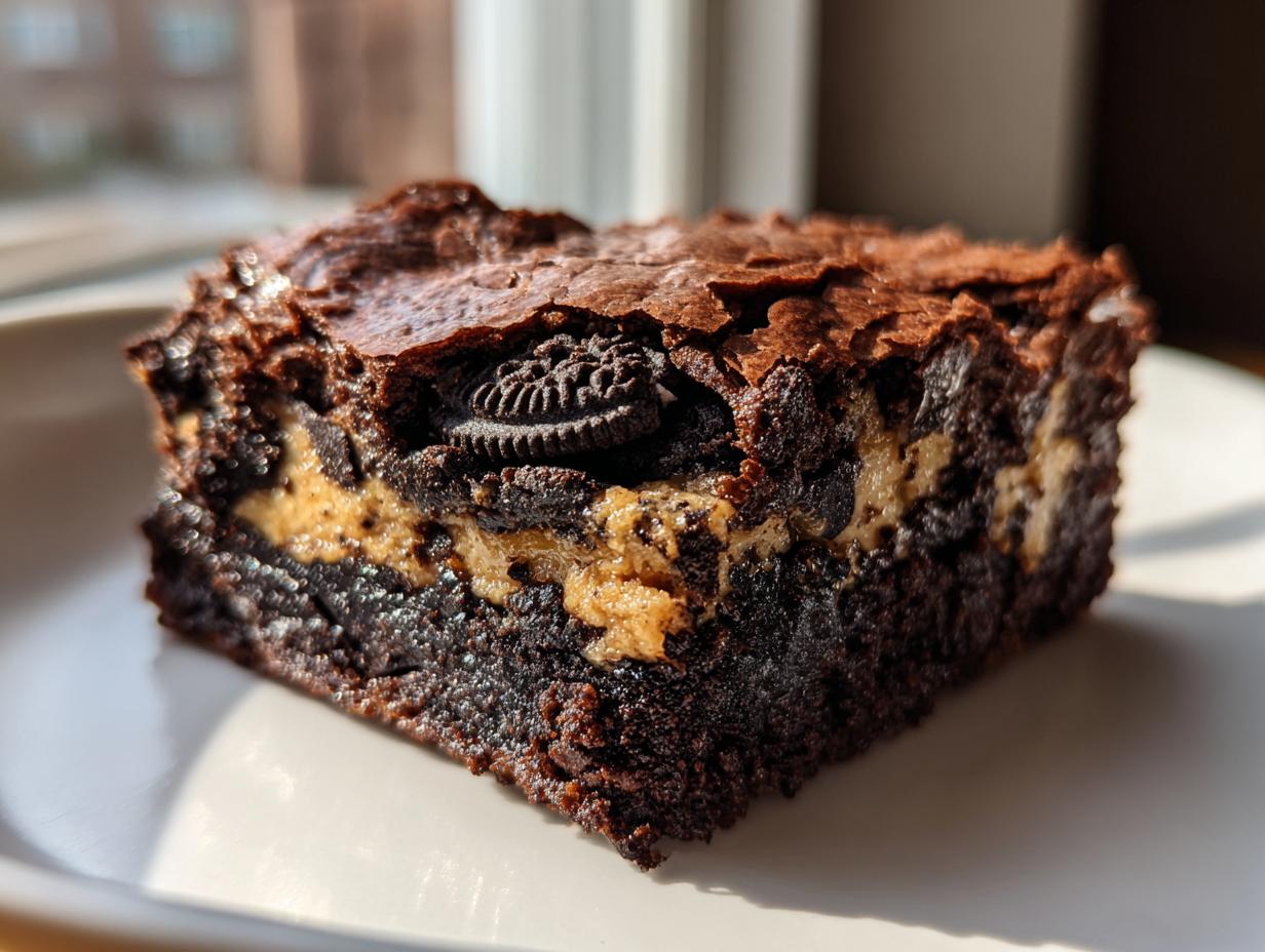A close-up of a decadent slutty brownie featuring layers of chocolate, peanut butter, and Oreos on a white plate.