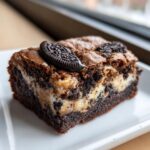 A close-up of a decadent Slutty Brownie slice, showcasing its three layers and topped with Oreos.