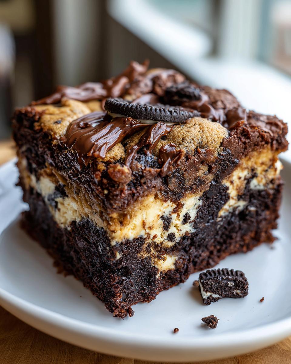 A rich, multi-layered slutty brownie slice featuring a brownie base, cheesecake layer, chocolate chip cookie top, and Oreo cookie pieces.