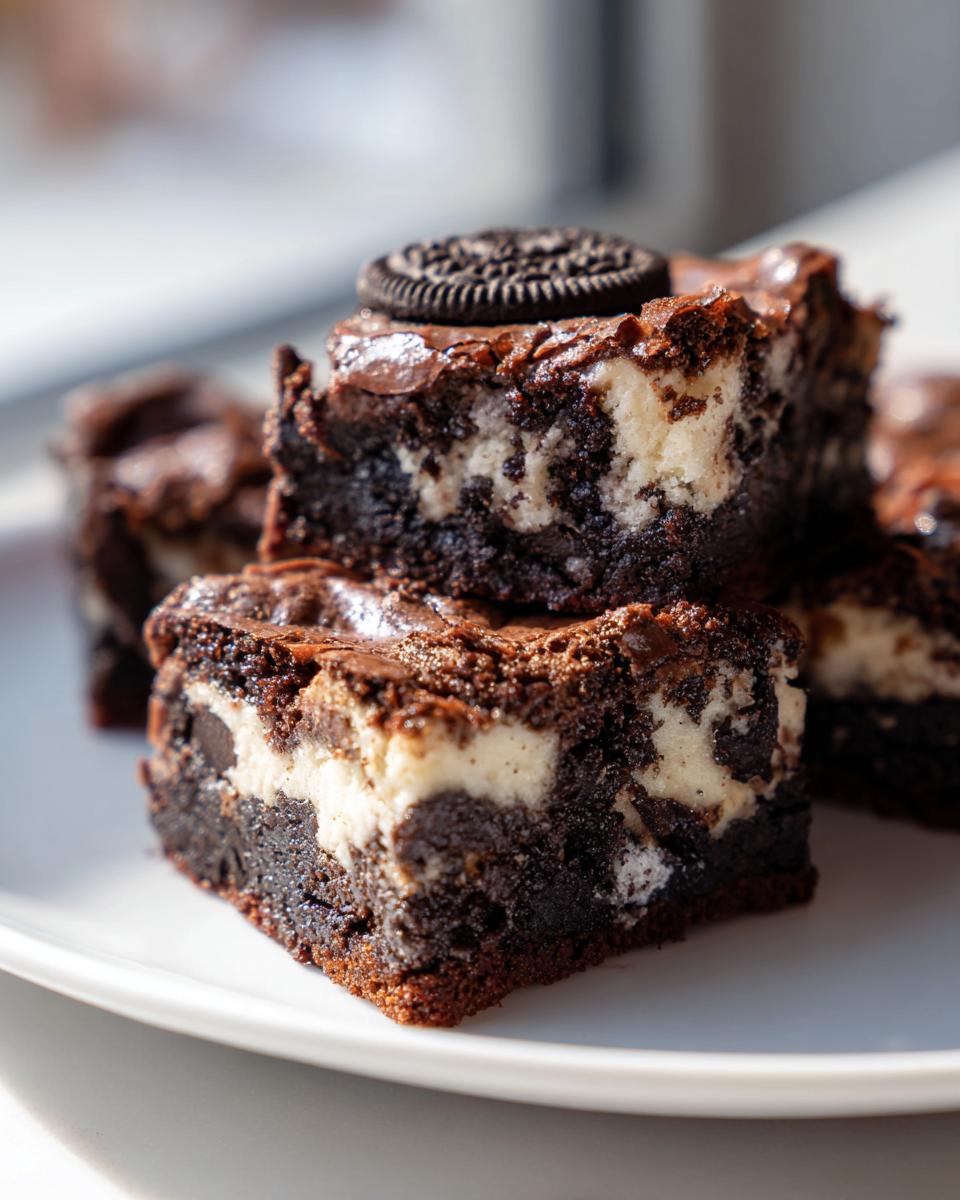 Close-up of layered Slutty Brownies featuring a brownie base, cream cheese layer, and a chocolate cookie on top.