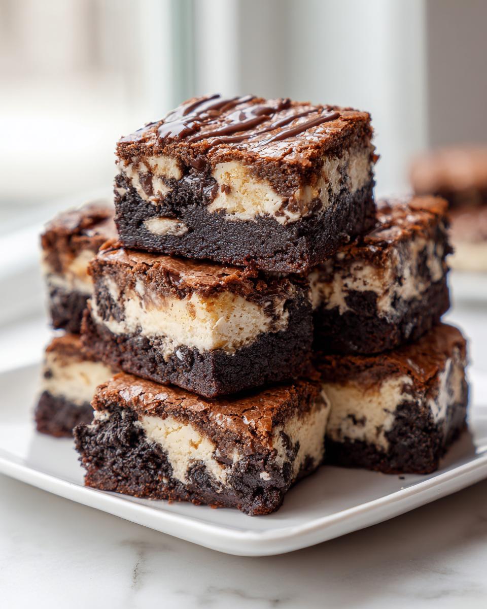 A stack of three-layered slutty brownies with chocolate drizzle on top, showcasing the brownie, cream cheese, and cookie layers.