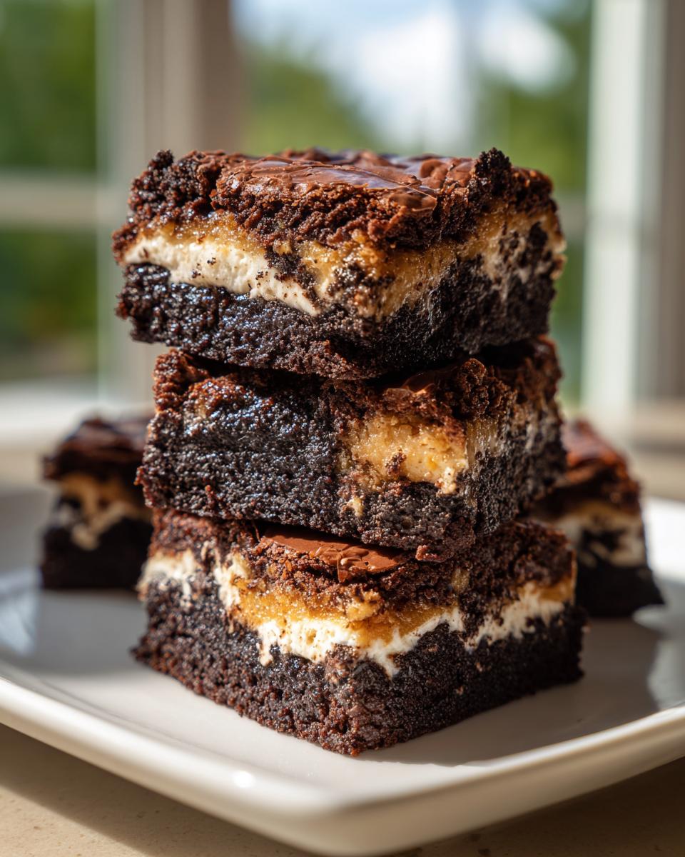 A stack of three decadent slutty brownies, showcasing their distinct layers of brownie, cream cheese, and caramel.