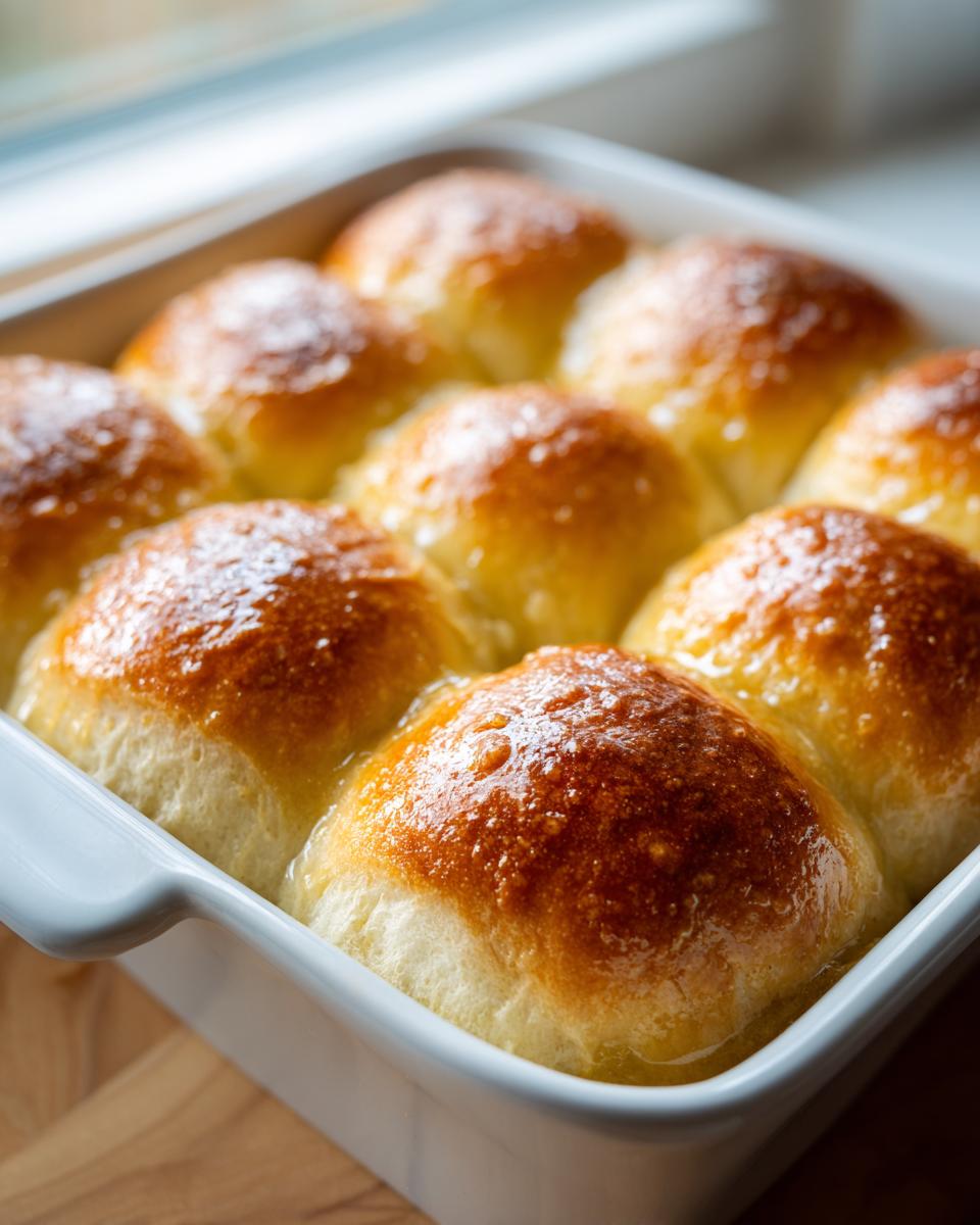 Close-up of golden brown, soft sourdough discard rolls baked together in a white dish and brushed with melted butter.