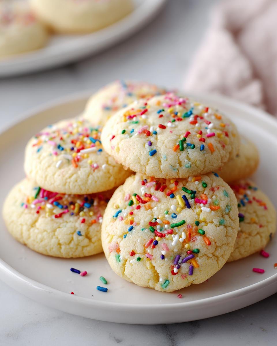 A stack of soft sugar cookies topped with colorful rainbow sprinkles on a white plate.