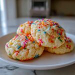 A close-up of four soft sugar cookies topped with colorful sprinkles on a white plate.