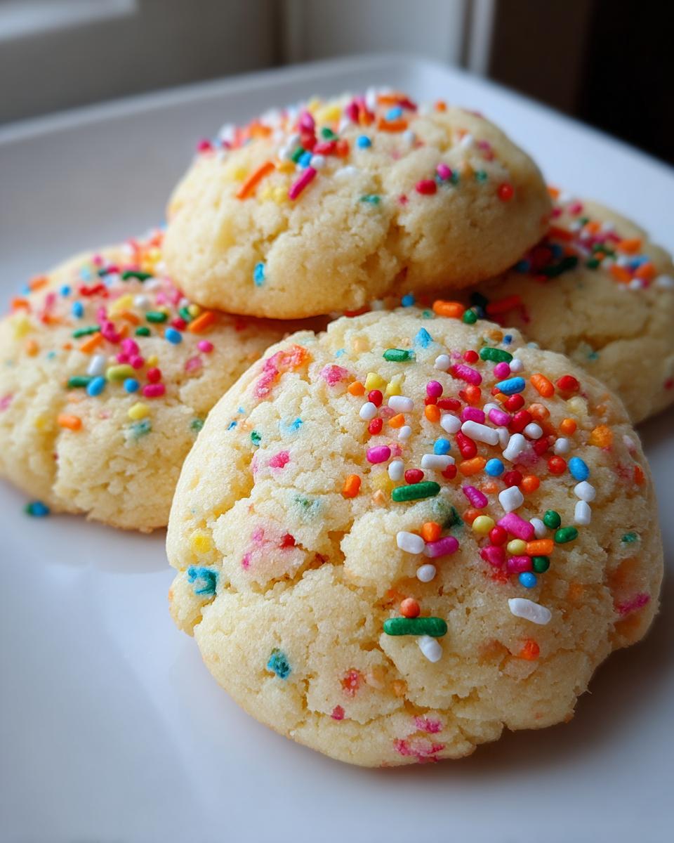 A close-up of four delicious soft sugar cookies topped with vibrant rainbow sprinkles on a white plate.