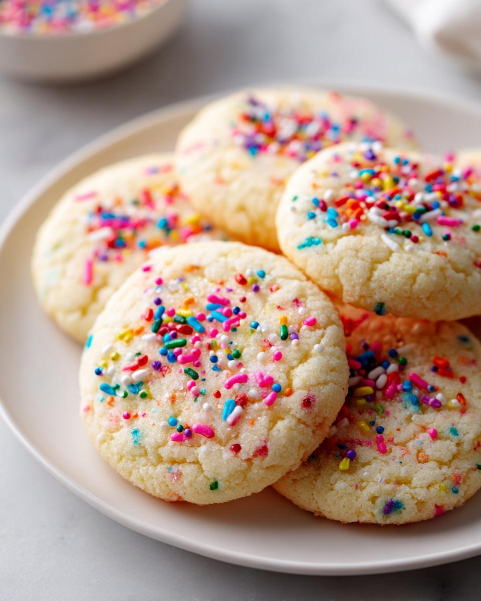 A close-up of several soft sugar cookies topped with vibrant rainbow sprinkles on a white plate.