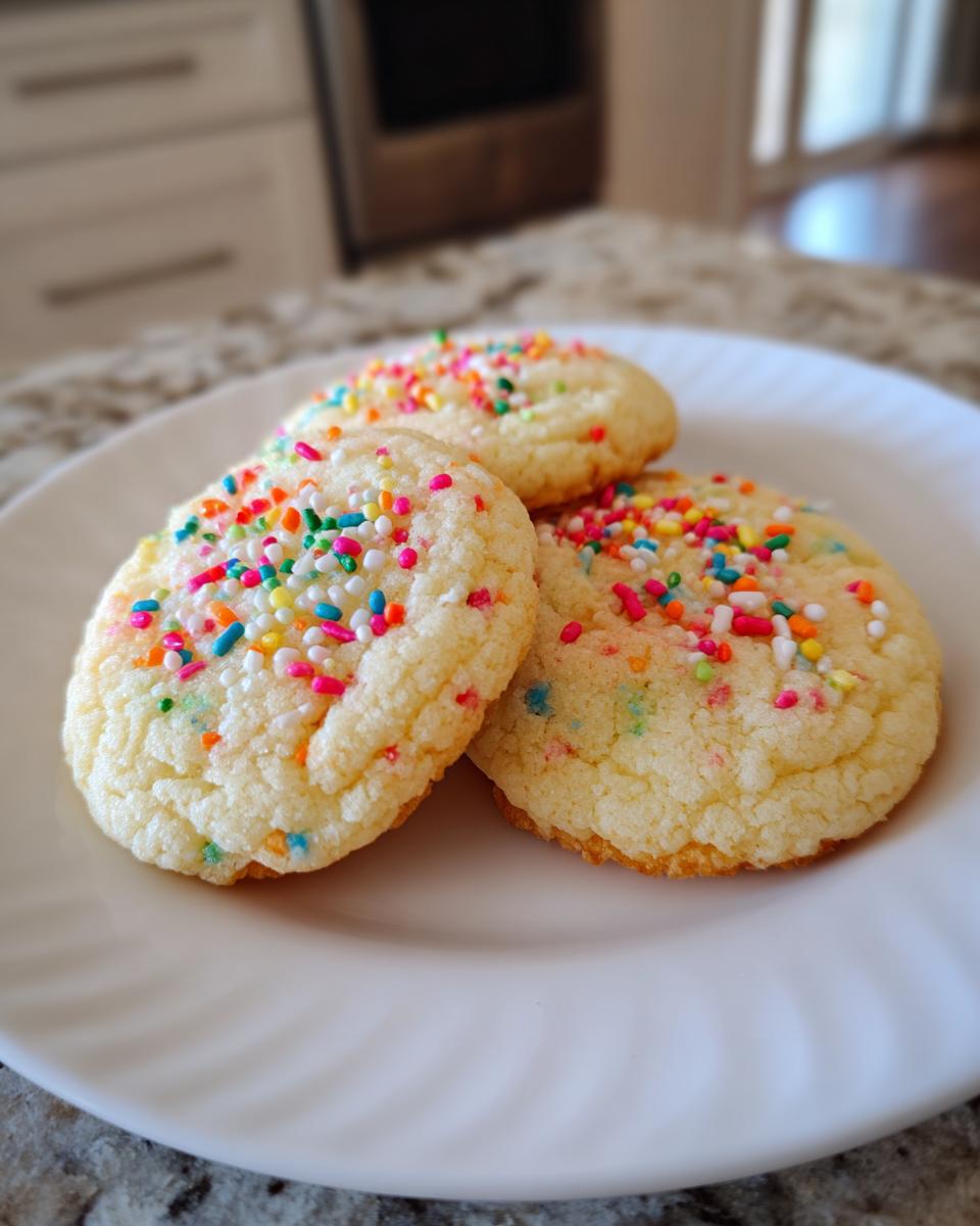 Three soft sugar cookies topped with colorful sprinkles on a white plate.