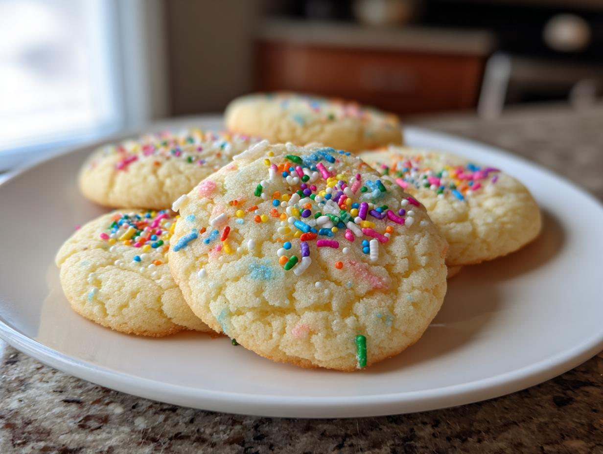 A close-up of soft sugar cookies topped with colorful rainbow sprinkles on a white plate.