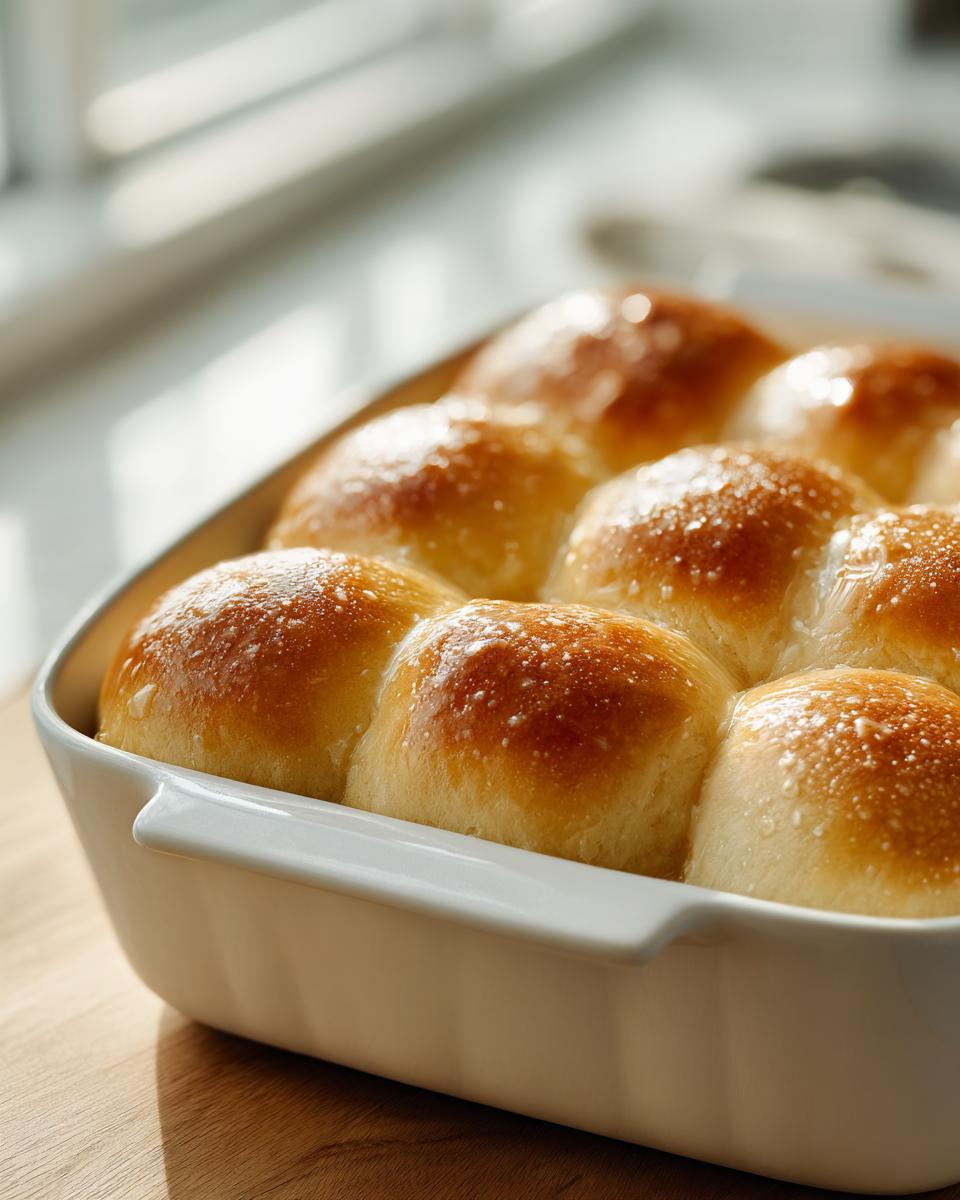 Close-up of golden brown, glossy sourdough discard rolls baked together in a white ceramic dish.